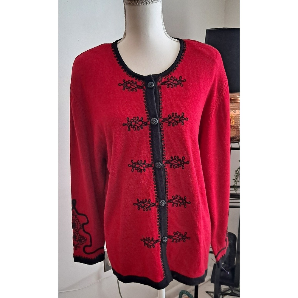 Womans L Vintage Susan Bristol Cardigan Red And Black Aisian Motiff
